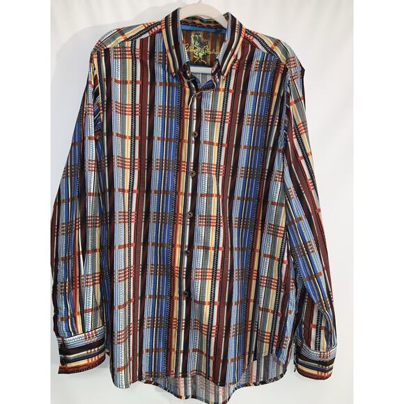 Robert Graham Shirt Mens Sz Large Flip Cuff Multicolor Striped Preppy Art Deco - Picture 2 of 9